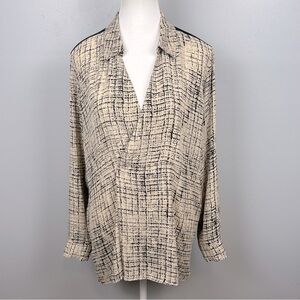 Soft Surroundings Savoy beige black mixed material surplice blouse, medium.